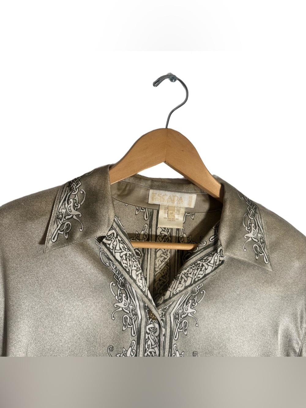 Escada Silk Blouse Women's 39 Vintage Button Front Blouse Gold Baroque Shiny - Picture 3 of 8
